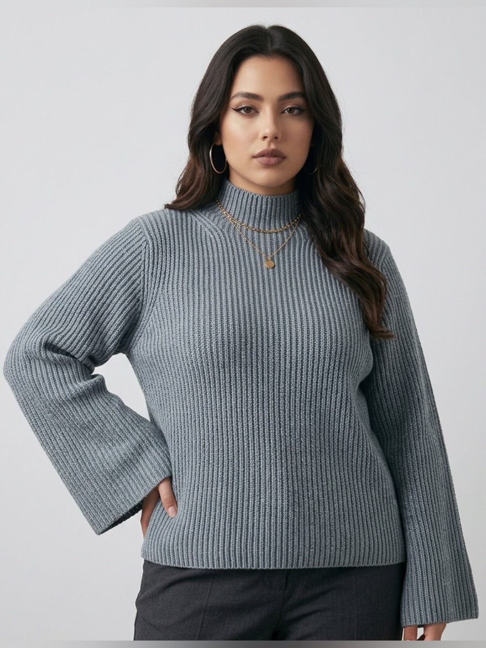 100% Merino Wool Gray Ribbed Mock Neck Sweater/Quiet Luxury/Neutral/Minimalist